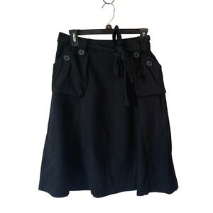 Max Rave Black Linen Belted A Line Midi Skirt Size 7 Utility Pocket Detail 23" L